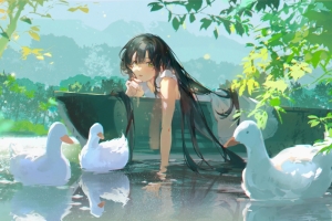 女孩 船 小鸭子 动漫风景 4k壁纸